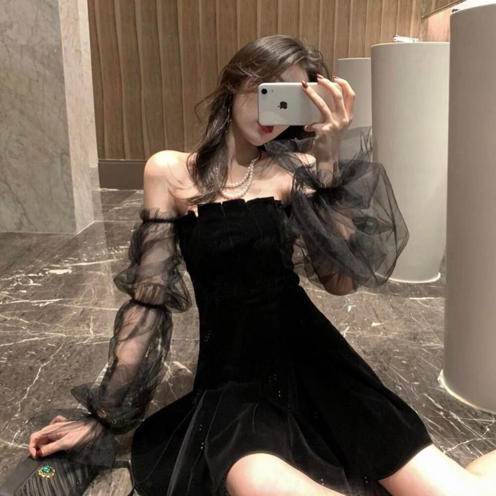 Black Dress with Sheer Off the Shoulder Sleeves - Picture 5 of 5
